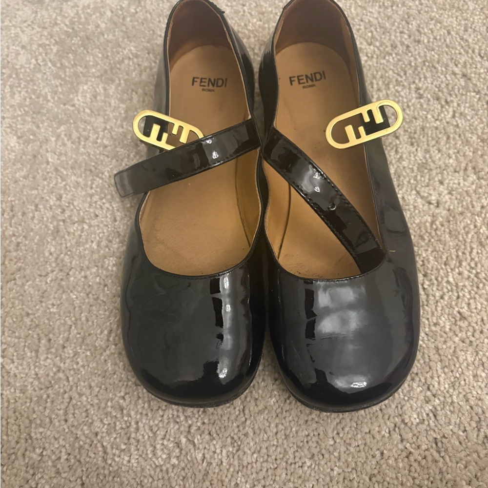 Fendi Glossy Black Kids Dress Shoes with Gold Accent